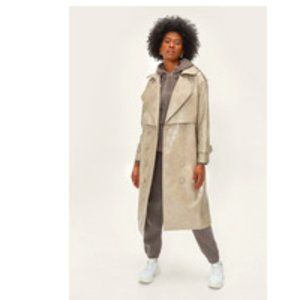 Nasty Gal Taupe Faux Leather Croc Embossed Belted Trench Coat
